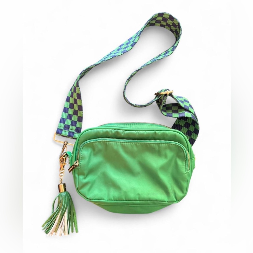 AH DORNED “Natalia” nylon messenger tote with check strap and tassel.Great size!